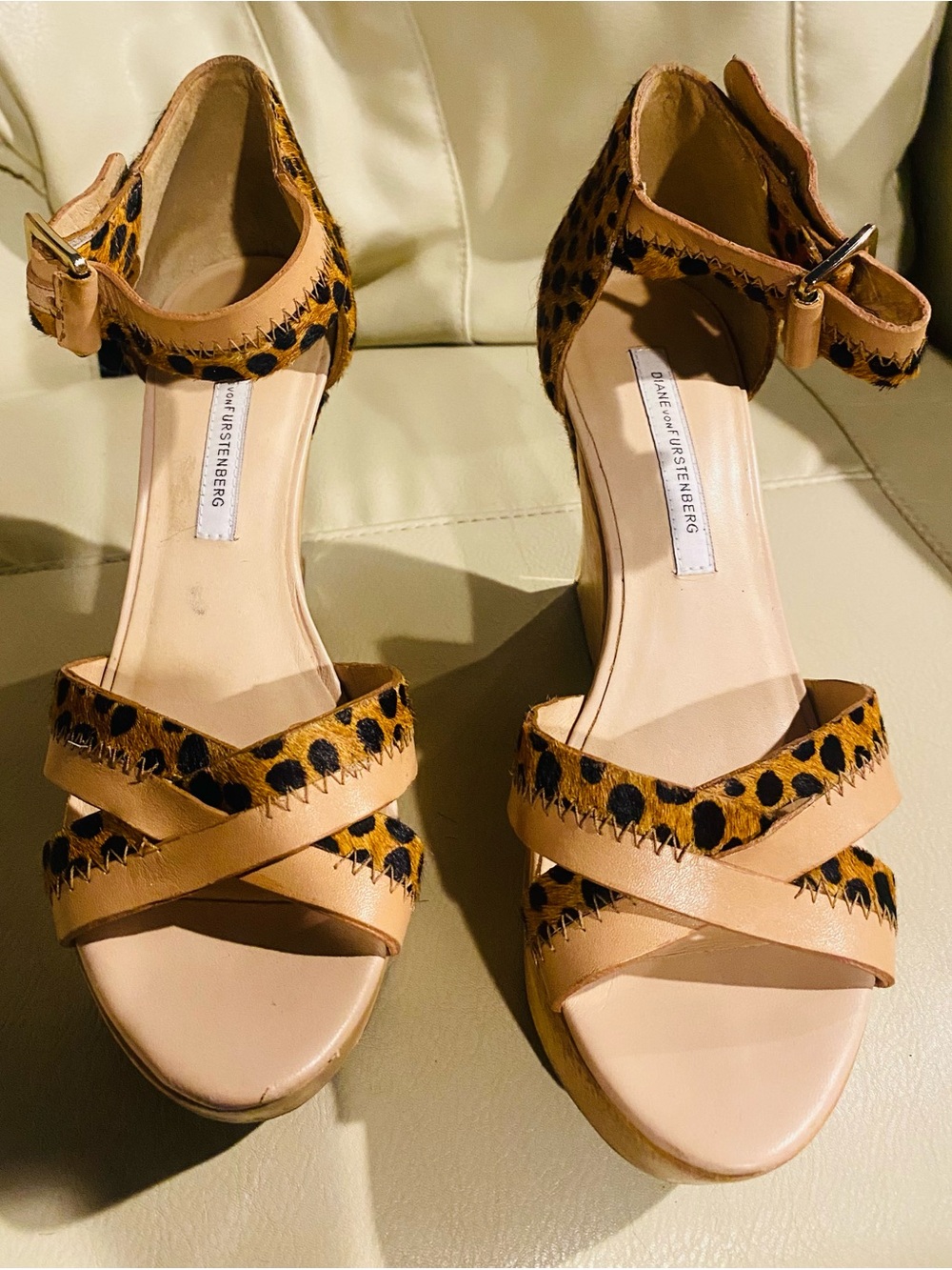 Diane Von Furstenberg Tan and Leopard-Print Wedge Sandals